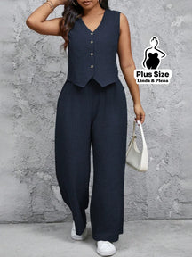 Conjunto Alfaiataria com Colete e Calça Solta Plus Size Azul Marinho / G Conjunto Alfaiataria com Colete e Calça Solta