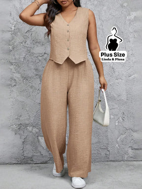 Conjunto Alfaiataria com Colete e Calça Solta Plus Size Caqui / G Conjunto Alfaiataria com Colete e Calça Solta Plus