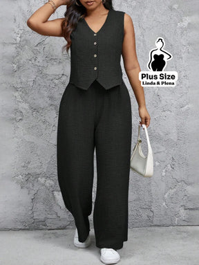 Conjunto Alfaiataria com Colete e Calça Solta Plus Size Preto / G Conjunto Alfaiataria com Colete e Calça Solta Plus