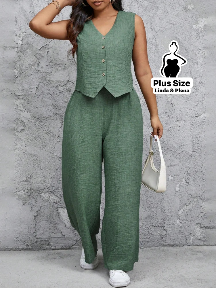 Conjunto Alfaiataria com Colete e Calça Solta Plus Size Verde / G Conjunto Alfaiataria com Colete e Calça Solta Plus