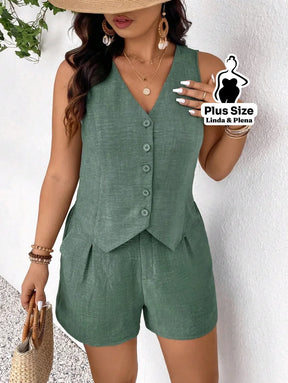 Conjunto Alfaiataria com Colete Social e Shorts Plus Size Conjunto Alfaiataria com Colete Social e Shorts Plus Size
