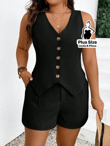 Conjunto Alfaiataria com Colete Social e Shorts Plus Size Preto / G Conjunto Alfaiataria com Colete Social e Shorts