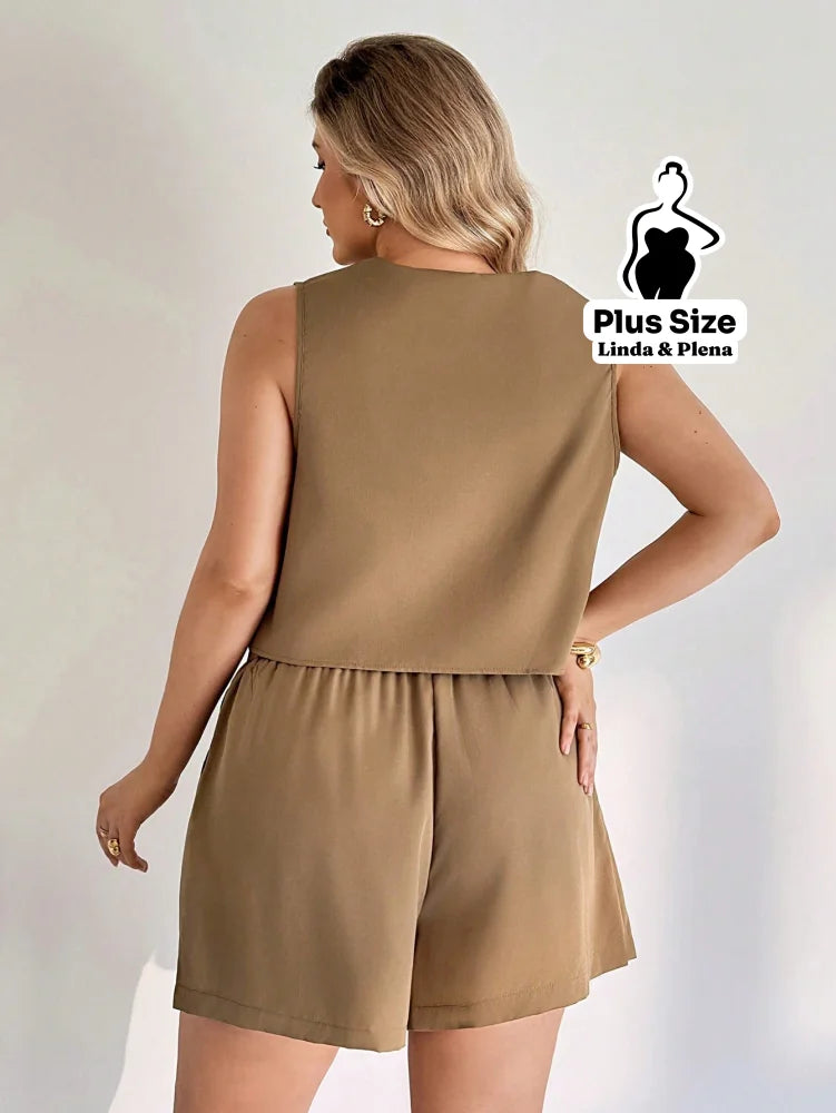 Conjunto Alfaiataria Regata Com Botões E Short Plus Size Conjunto Alfaiataria Regata Com Botões E Short Plus Size