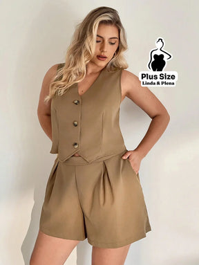 Conjunto Alfaiataria Regata Com Botões E Short Plus Size Conjunto Alfaiataria Regata Com Botões E Short Plus Size