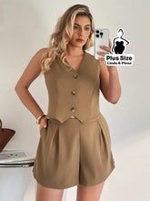 Conjunto Alfaiataria Regata Com Botões E Short Plus Size Caqui / G Conjunto Alfaiataria Regata Com Botões E Short Plus