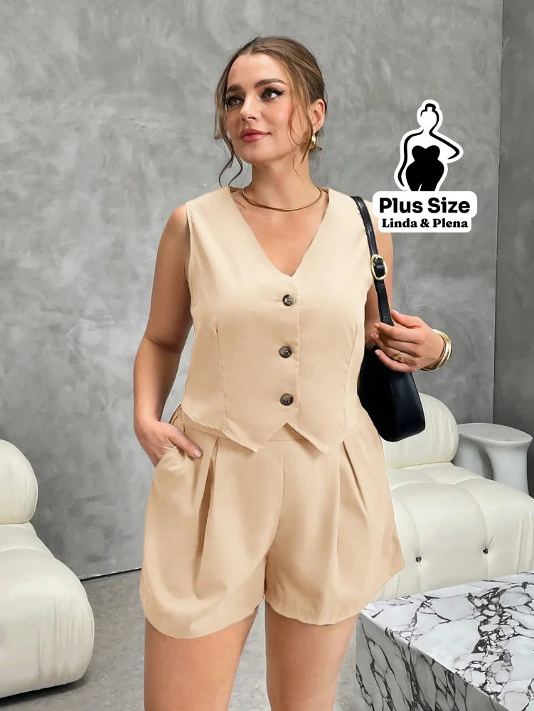 Conjunto Alfaiataria Regata Com Botões E Short Plus Size Damasco / G Conjunto Alfaiataria Regata Com Botões E Short