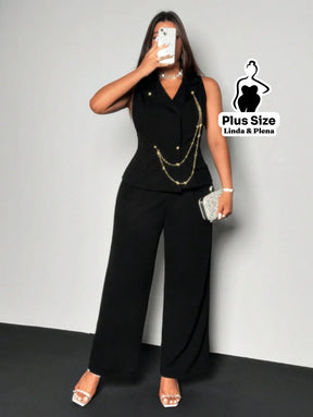 Conjunto Alfaiataria Sem Manga Com Corrente E Calça Plus Size Conjunto Alfaiataria Sem Manga Com Corrente E Calça Plus