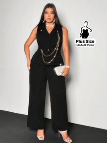 Conjunto Alfaiataria Sem Manga Com Corrente E Calça Plus Size G Conjunto Alfaiataria Sem Manga Com Corrente E Calça