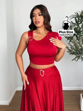 Conjunto Assimétrico Com Fivela E Saia Irregular Plus Size Conjunto Assimétrico Com Fivela E Saia Irregular Plus Size