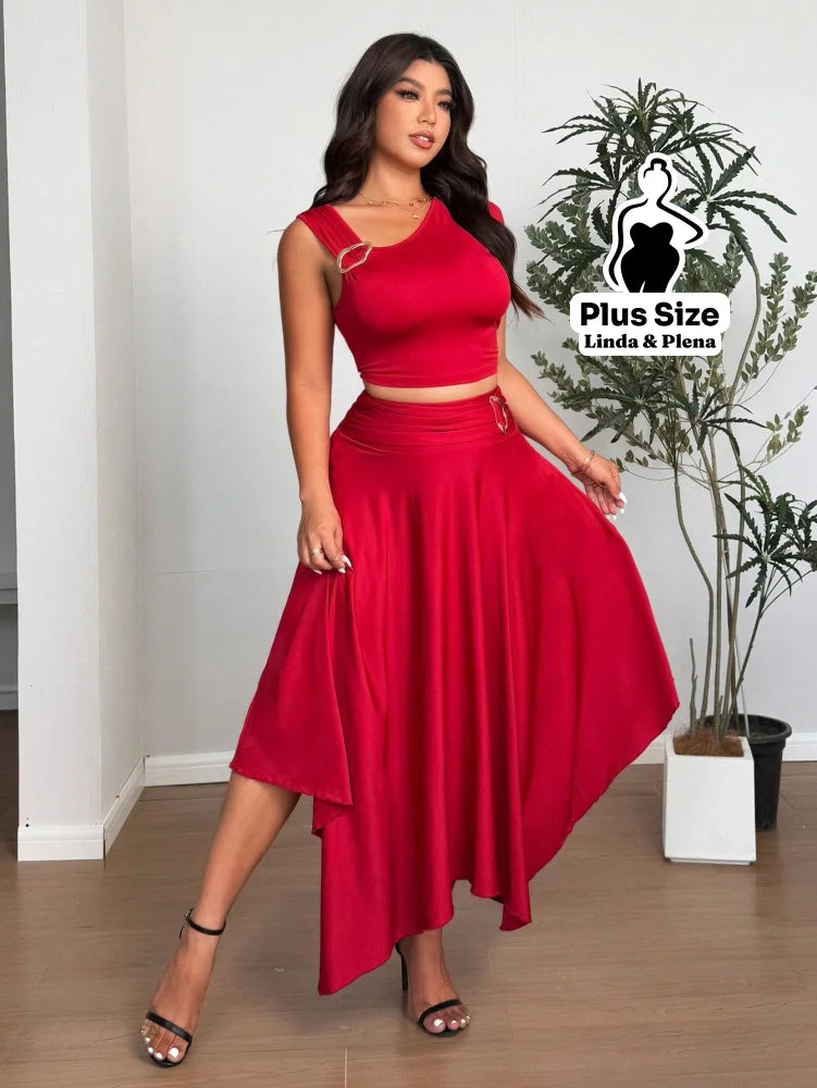 Conjunto Assimétrico Com Fivela E Saia Irregular Plus Size G Conjunto Assimétrico Com Fivela E Saia Irregular Plus Size
