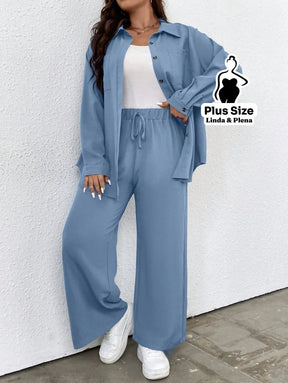 Conjunto Azul Camisa Aberta e Calça de Amarração Plus Size Conjunto Azul Camisa Aberta e Calça de Amarração Plus Size