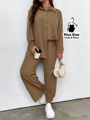 Conjunto Azul Camisa Aberta e Calça de Amarração Plus Size Conjunto Azul Camisa Aberta e Calça de Amarração Plus Size