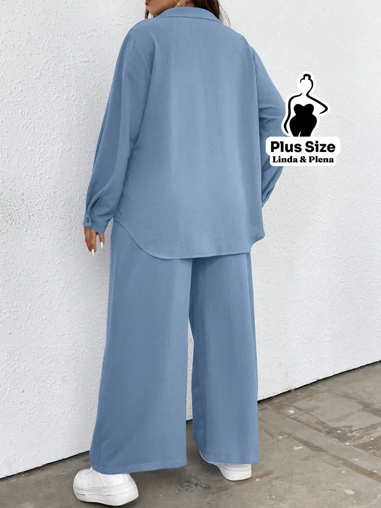 Conjunto Azul Camisa Aberta e Calça de Amarração Plus Size Conjunto Azul Camisa Aberta e Calça de Amarração Plus Size