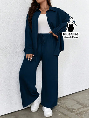 Conjunto Azul Camisa Aberta e Calça de Amarração Plus Size Conjunto Azul Camisa Aberta e Calça de Amarração Plus Size