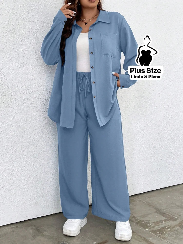 Conjunto Azul Camisa Aberta e Calça de Amarração Plus Size Azul Bebê / G Conjunto Azul Camisa Aberta e Calça de