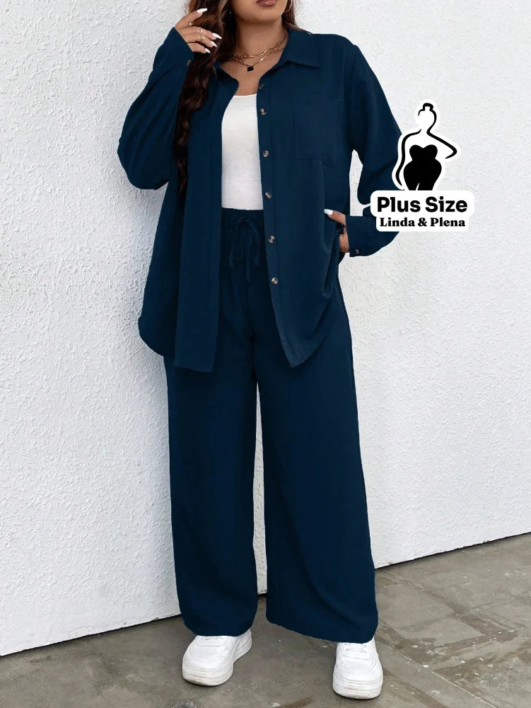Conjunto Azul Camisa Aberta e Calça de Amarração Plus Size Azul Marinho / G Conjunto Azul Camisa Aberta e Calça de