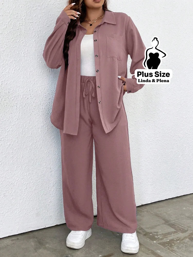 Conjunto Azul Camisa Aberta e Calça de Amarração Plus Size Rosa Empoeirado / G Conjunto Azul Camisa Aberta e Calça de