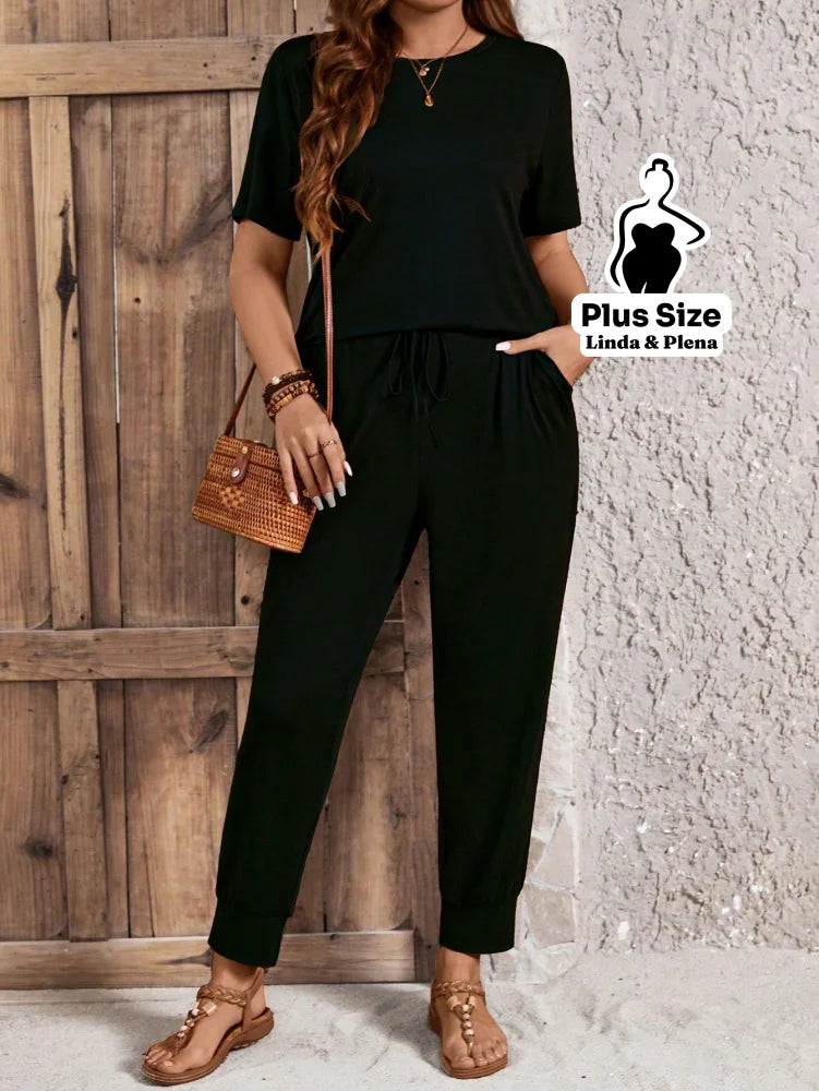 Conjunto Básico Conforto Com Calça Jogger Plus Size Preto / G Conjunto Básico Conforto Com Calça Jogger Plus Size