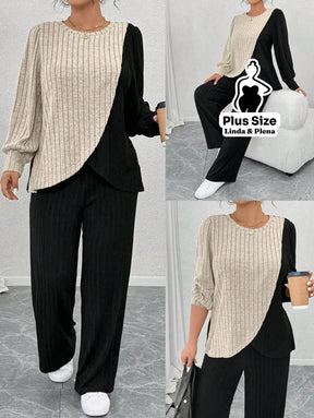 Conjunto Bicolor com Blusa Assimétrica e Calça Plus Size G Conjunto Bicolor com Blusa Assimétrica e Calça Plus Size
