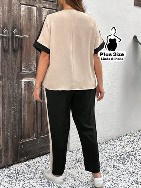 Conjunto Bicolor com Blusa Solta e Calça Reta Plus Size Conjunto Bicolor com Blusa Solta e Calça Reta Plus Size