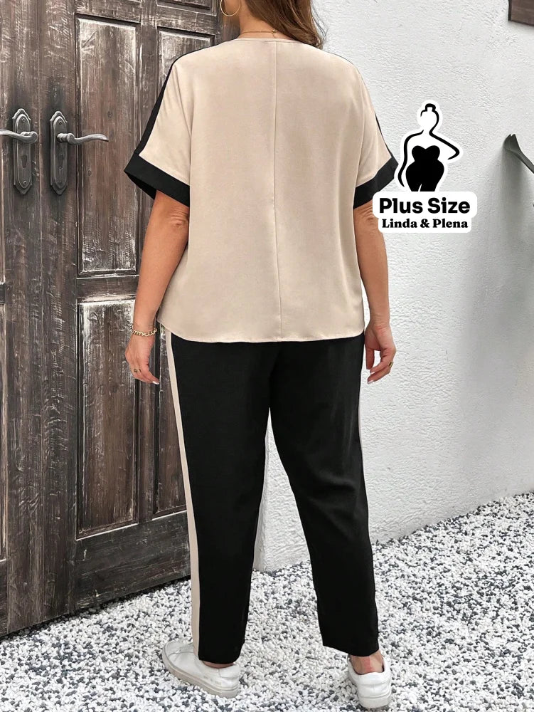 Conjunto Bicolor com Blusa Solta e Calça Reta Plus Size Conjunto Bicolor com Blusa Solta e Calça Reta Plus Size