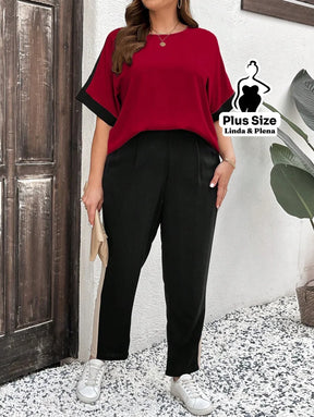 Conjunto Bicolor com Blusa Solta e Calça Reta Plus Size Fúcsia / G Conjunto Bicolor com Blusa Solta e Calça Reta Plus