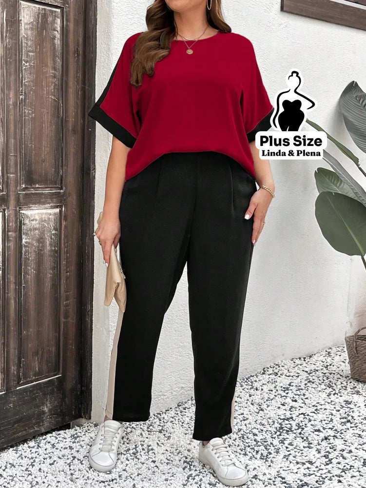 Conjunto Bicolor com Blusa Solta e Calça Reta Plus Size Fúcsia / G Conjunto Bicolor com Blusa Solta e Calça Reta Plus