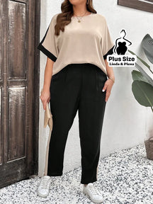 Conjunto Bicolor com Blusa Solta e Calça Reta Plus Size Preto e Bege / G Conjunto Bicolor com Blusa Solta e Calça Reta