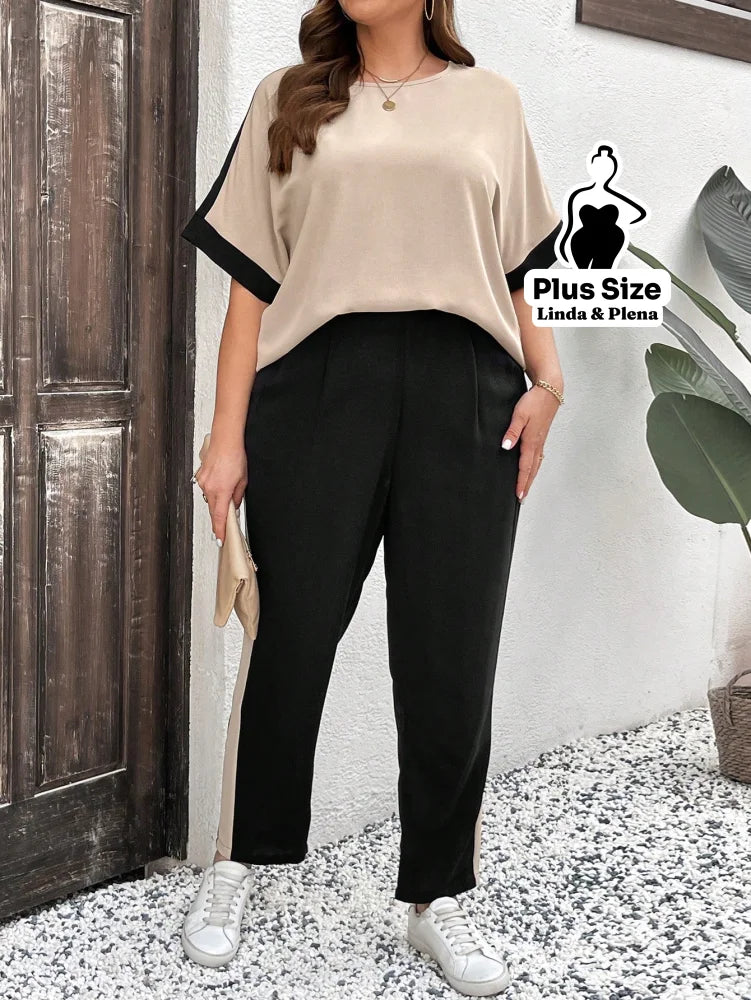 Conjunto Bicolor com Blusa Solta e Calça Reta Plus Size Preto e Bege / G Conjunto Bicolor com Blusa Solta e Calça Reta