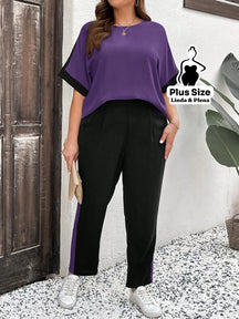 Conjunto Bicolor com Blusa Solta e Calça Reta Plus Size Roxo Empoeirado / G Conjunto Bicolor com Blusa Solta e Calça