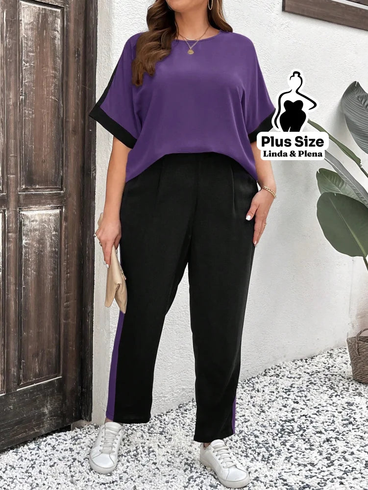 Conjunto Bicolor com Blusa Solta e Calça Reta Plus Size Roxo Empoeirado / G Conjunto Bicolor com Blusa Solta e Calça