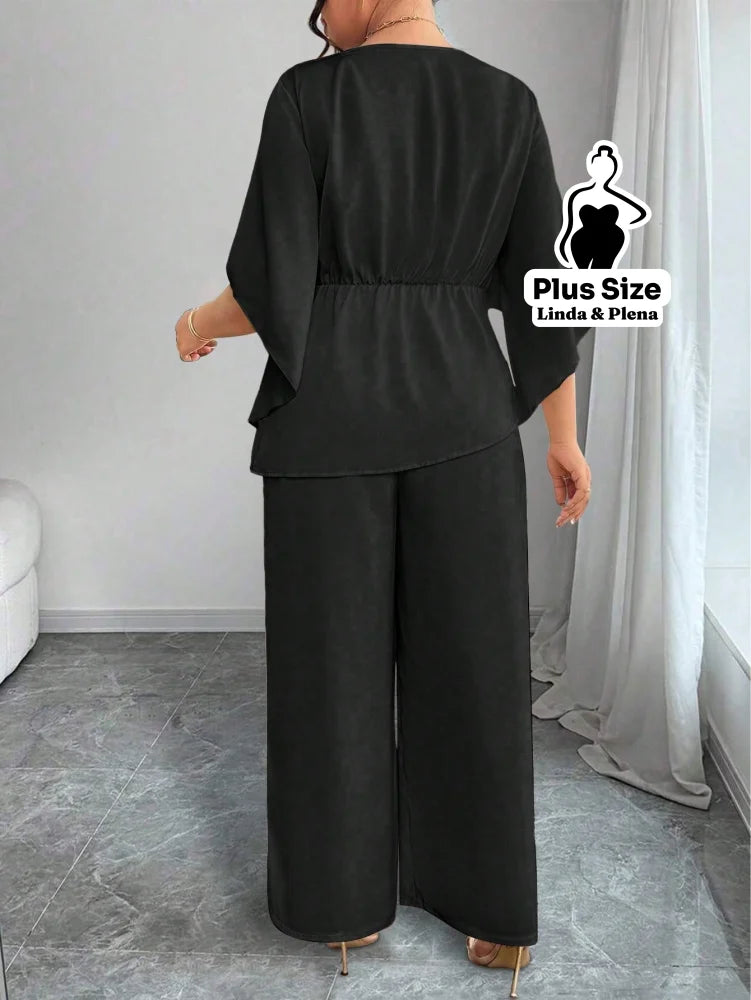 Conjunto Blusa Assimétrica Com Faixa E Calça Solta Plus Size Conjunto Blusa Assimétrica Com Faixa E Calça Solta Plus