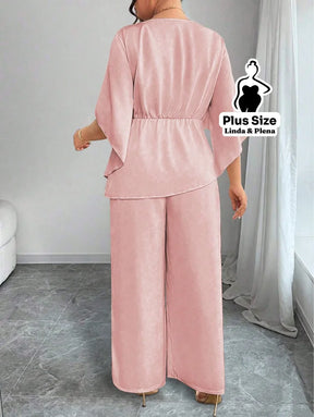 Conjunto Blusa Assimétrica Com Faixa E Calça Solta Plus Size Conjunto Blusa Assimétrica Com Faixa E Calça Solta Plus