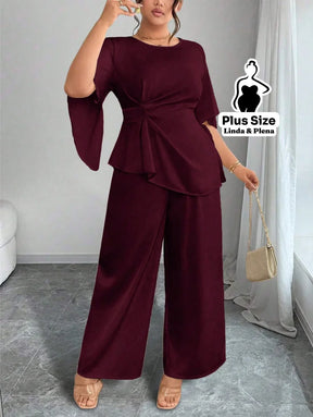 Conjunto Blusa Assimétrica Com Faixa E Calça Solta Plus Size Conjunto Blusa Assimétrica Com Faixa E Calça Solta Plus