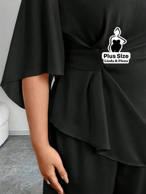 Conjunto Blusa Assimétrica Com Faixa E Calça Solta Plus Size Conjunto Blusa Assimétrica Com Faixa E Calça Solta Plus