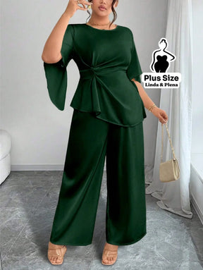 Conjunto Blusa Assimétrica Com Faixa E Calça Solta Plus Size Conjunto Blusa Assimétrica Com Faixa E Calça Solta Plus