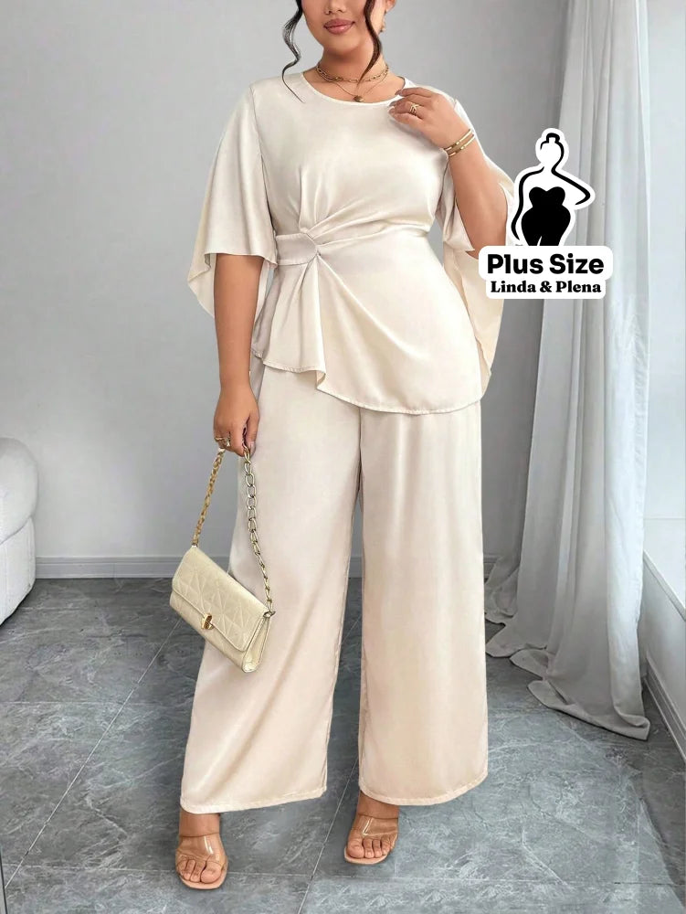 Conjunto Blusa Assimétrica Com Faixa E Calça Solta Plus Size Damasco / G Conjunto Blusa Assimétrica Com Faixa E Calça