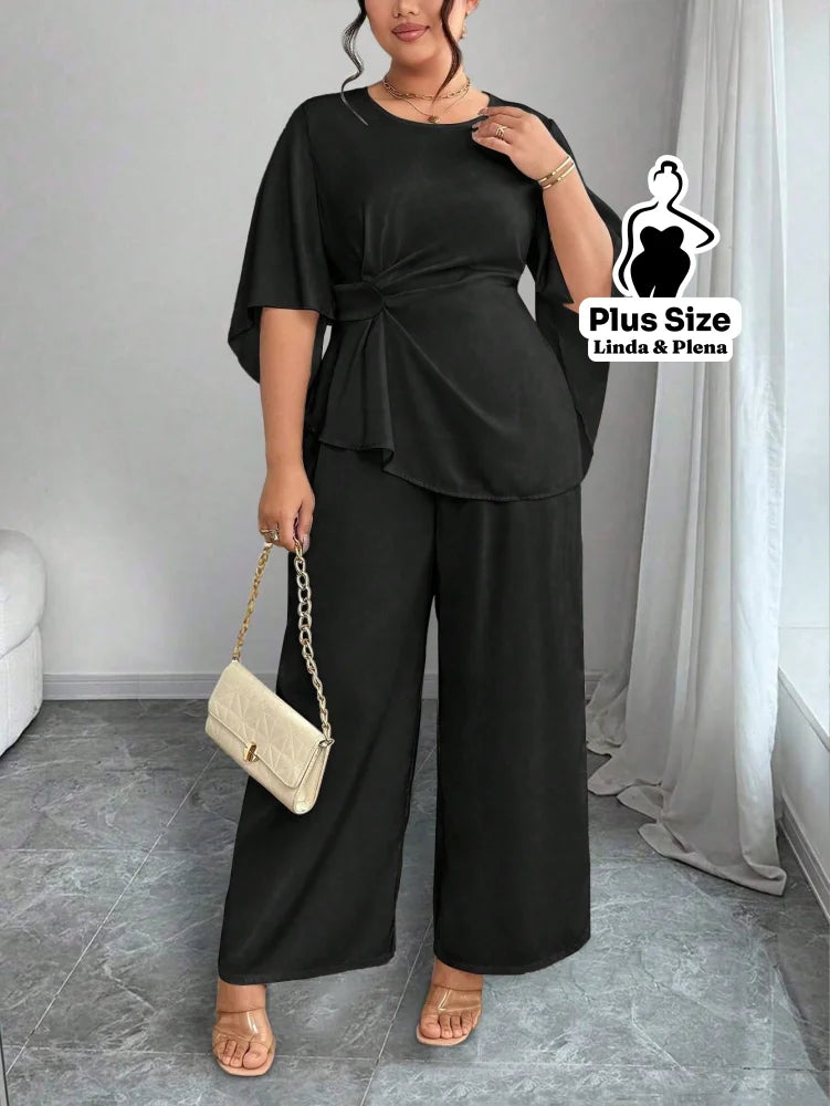Conjunto Blusa Assimétrica Com Faixa E Calça Solta Plus Size Preto / G Conjunto Blusa Assimétrica Com Faixa E Calça