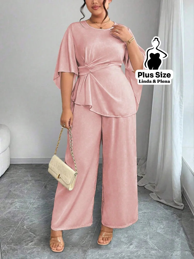 Conjunto Blusa Assimétrica Com Faixa E Calça Solta Plus Size Rosa / G Conjunto Blusa Assimétrica Com Faixa E Calça