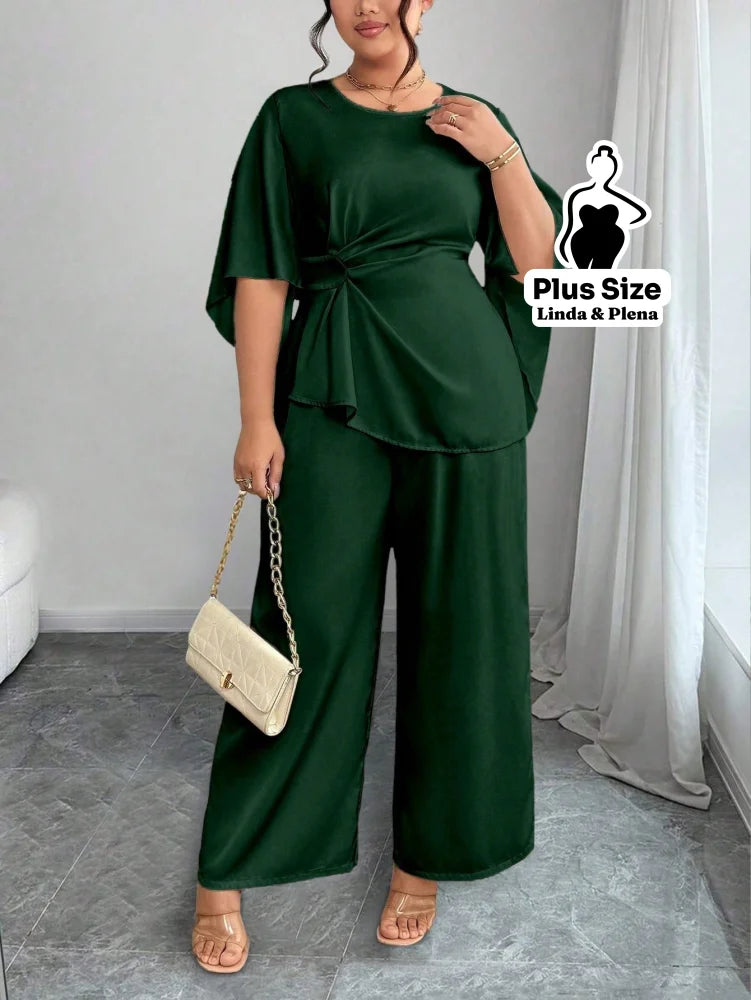Conjunto Blusa Assimétrica Com Faixa E Calça Solta Plus Size Verde Militar / G Conjunto Blusa Assimétrica Com Faixa E