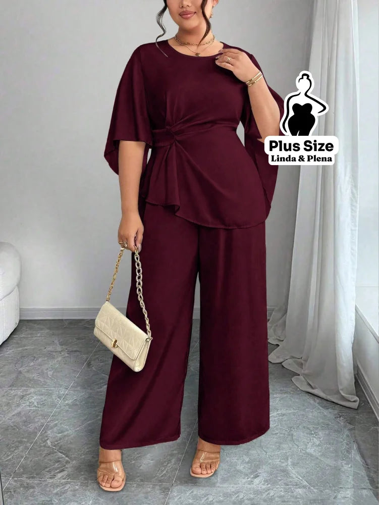 Conjunto Blusa Assimétrica Com Faixa E Calça Solta Plus Size Vinho / G Conjunto Blusa Assimétrica Com Faixa E Calça