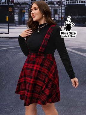 Conjunto Blusa Básica E Saia Xadrez Com Alças Plus Size Conjunto Blusa Básica E Saia Xadrez Com Alças Plus Size