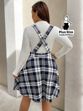 Conjunto Blusa Básica E Saia Xadrez Com Alças Plus Size Conjunto Blusa Básica E Saia Xadrez Com Alças Plus Size
