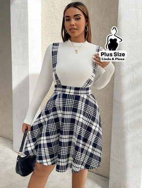 Conjunto Blusa Básica E Saia Xadrez Com Alças Plus Size Conjunto Blusa Básica E Saia Xadrez Com Alças Plus Size