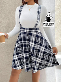 Conjunto Blusa Básica E Saia Xadrez Com Alças Plus Size Preto e Branco / G Conjunto Blusa Básica E Saia Xadrez Com