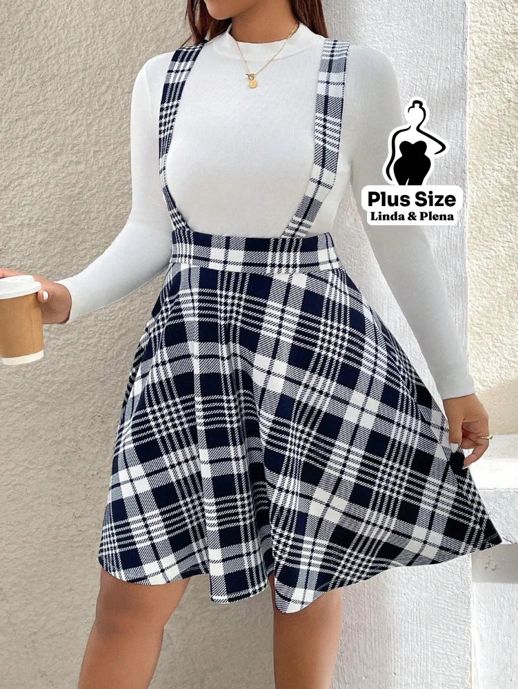 Conjunto Blusa Básica E Saia Xadrez Com Alças Plus Size Preto e Branco / G Conjunto Blusa Básica E Saia Xadrez Com