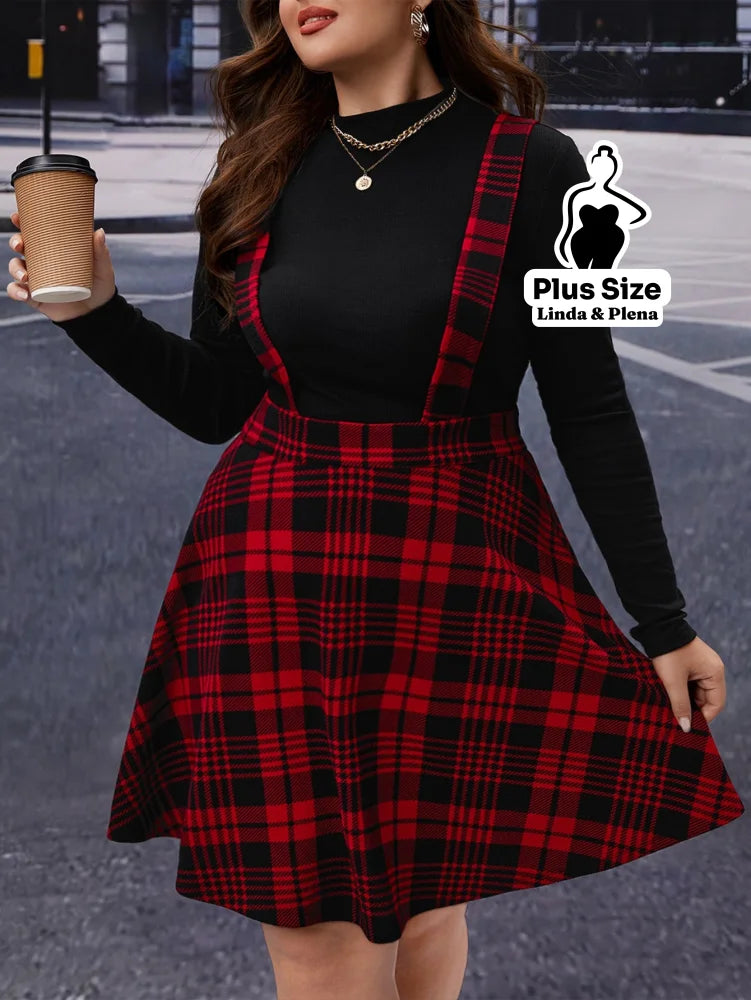 Conjunto Blusa Básica E Saia Xadrez Com Alças Plus Size Vermelho e Preto / G Conjunto Blusa Básica E Saia Xadrez Com