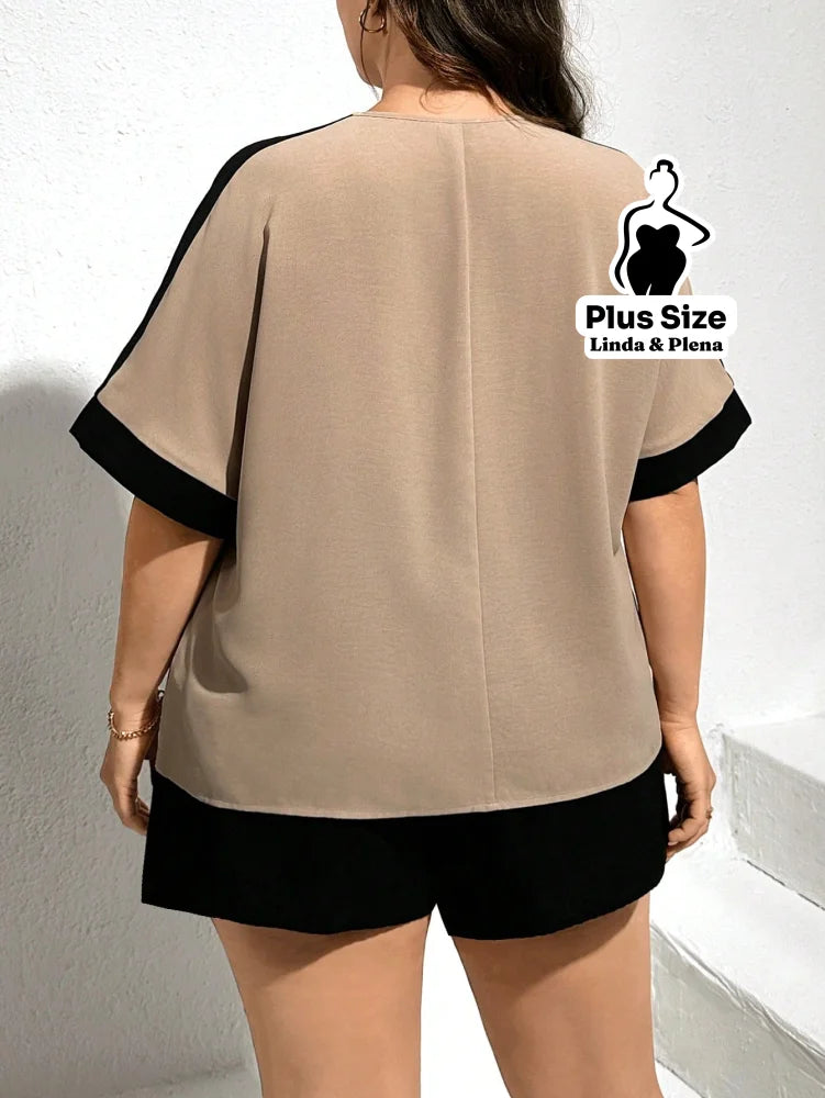 Conjunto Blusa Bicolor E Short De Cintura Alta Plus Size Conjunto Blusa Bicolor E Short De Cintura Alta Plus Size