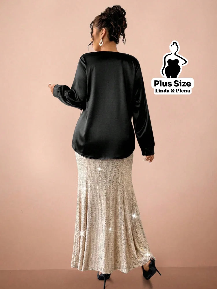 Conjunto Blusa Cetim Com Laço E Saia Brilhante Fenda Plus Size Conjunto Blusa Cetim Com Laço E Saia Brilhante Fenda