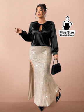 Conjunto Blusa Cetim Com Laço E Saia Brilhante Fenda Plus Size Conjunto Blusa Cetim Com Laço E Saia Brilhante Fenda